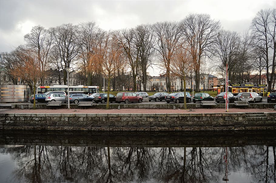 suècia, jönköping, arbre, arbres, ciutat, cotxe, llac, autobús, fora, a l'aire lliure, naturalesa, reflexió, aigua, cotxes, riu, arbre nu, transport, arquitectura, manera de transport, dia, cel, estructura construïda, núvol - cel, planta, exterior de l'edifici, grup de persones, canal, barana, 2K