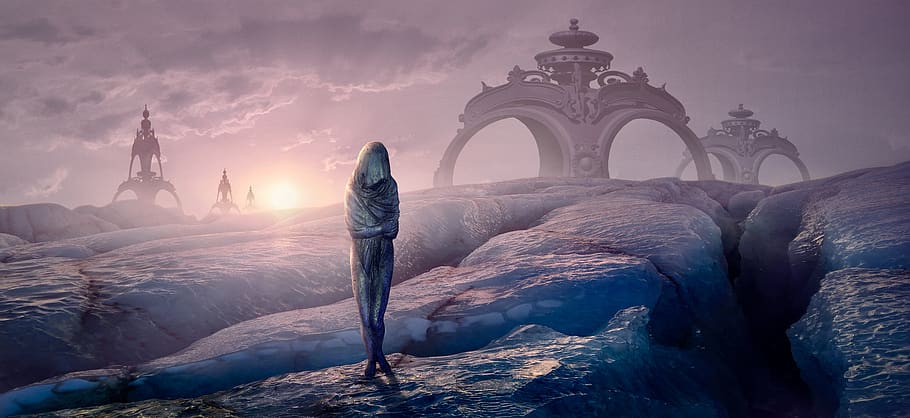 fantasi, gletscher, is, kold, figur, bygning, sol, lys, humør, landskab, mystisk, futuristisk, drøm, komponere, fotomontage, surrealistisk, fantastisk, magiske, magi, kvinde, person, ze, frost, himmel, natur, kold temperatur, miljø, arkitektur, scenics - natur, skønhed i naturen, rejsemål, vinter, sne, sky - himmel, rejse, bjerg, Frosset, udendørs, tåge, fortiden, 5K