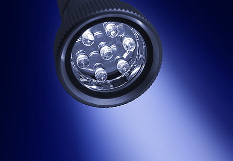 flashlight, led, light, hell, shining, blue, colored background, studio shot, indoors, close-up, shape, metal, copy space, no people, geometric shape, circle, time, watch, technology, blue background, still life, single object, machinery, business, silver colored, 5K, CC0, public domain, royalty free