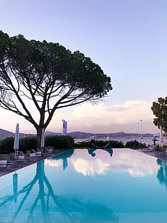 rektangulär pool, skön, gryning, utgrävd pool, horisont, idyllisk, landskap, utomhus, fredlig, reflexion, naturskön, tropisk, himmel, träd, vatten, växt, arkitektur, byggd struktur, natur, vid vatten, byggnad exteriör, solnedgång, inget folk, resmål, scenics - natur, skönhet i naturen, bro, flod, simbassäng, 4K, CC0, offentligt domän, royaltyfria
