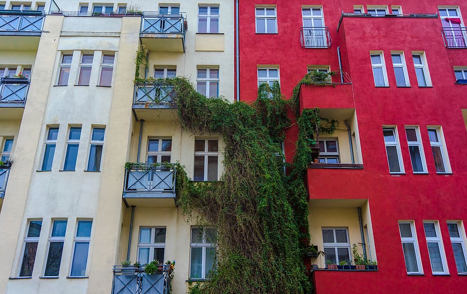 Alemanya, Berlín, finestra, façana, estructura construïda, escena urbana, casa, europa, apartament, ciutat, a l'aire lliure, arquitectura, cap gent, balcó, carrer, vermell, vida de ciutat, edifici residencial, maó, cada píxel, exterior de l'edifici, edifici, barri residencial, vista d’angle baix, dia, planta, naturalesa, marc complet, multicolor, arbre, costat a costat, vidre - material, llum solar, 5K