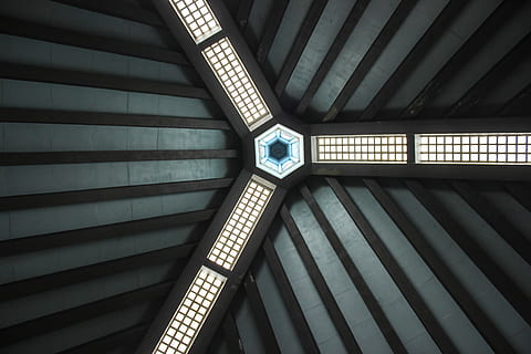 architecture, construction, beam, ceiling, built structure, indoors, pattern, low angle view, no people, illuminated, lighting equipment, directly below, day, metal, building, architectural feature, full frame, wall - building feature, technology, geometric shape, roof beam, 5K, CC0, public domain, royalty free