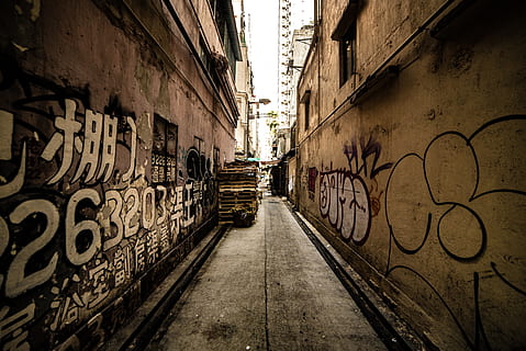 pathway, white, sky, street, road, building, town, urban, city, alley, alleyway, vehicle, transportation, train, mural, art, painting, graffiti, hong kong, graffit, back, wall, corridor, architecture, built structure, building exterior, wall - building feature, direction, the way forward, no people, narrow, art and craft, creativity, outdoors, day, text, diminishing perspective, residential district, old, long, 5K, CC0, public domain, royalty free
