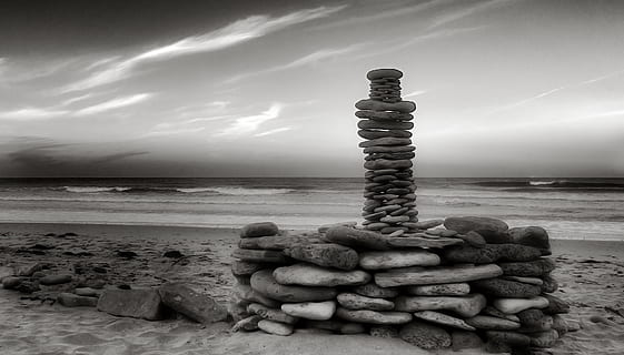 ocean, beach, water, sky, rock, sea, cloud - sky, horizon over water, rock - object, solid, horizon, land, nature, stack, stone - object, no people, balance, scenics - nature, beauty in nature, tranquility, outdoors, pebble, 2K, CC0, public domain, royalty free