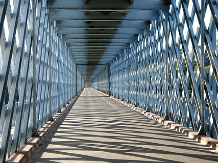 bridge, frontier, way, metal, the way forward, architecture, direction, no people, indoors, built structure, empty, pattern, railing, diminishing perspective, day, sunlight, footpath, bridge - man made structure, connection, nature, repetition, footbridge, ceiling, silver colored, steel, long, 1080P, CC0, public domain, royalty free