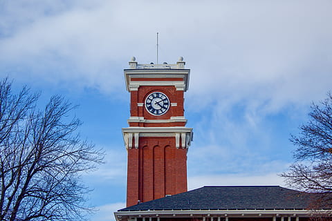 clock, tower, architecture, big, building, landmark, sky, cloudy, brick, tall, washington, state, university, huge, time, scenic, built structure, building exterior, clock tower, nature, low angle view, tree, cloud - sky, plant, day, no people, travel destinations, city, bare tree, outdoors, clock face, spire, 4K, CC0, public domain, royalty free