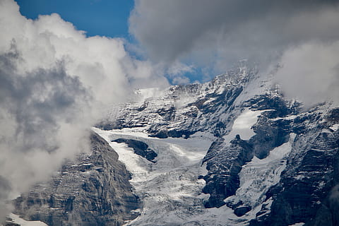 mountain, covered, snow, altitude, clouds, cold, daylight, fog, frost, frozen, glacier, high, ice, landscape, mountain peak, nature, rocks, scenic, sky, snow capped, snow capped mountain, snowy, snowy mountain, summit, weather, winter, cold temperature, cloud - sky, beauty in nature, scenics - nature, tranquil scene, tranquility, day, white color, mountain range, non-urban scene, snowcapped mountain, no people, environment, outdoors, extreme weather, formation, 5K, CC0, public domain, royalty free