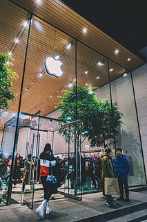 persone, dentro, Apple Store, gruppo di persone, persone reali, città, architettura, illuminato, uomini, albero, strada, pianta, attrezzatura per l'illuminazione, struttura costruita, esterno dell'edificio, folla, lampione, a piedi, adulto, stili di vita, notte, all'aperto, 5K, CC0, dominio pubblico, privo di copyright