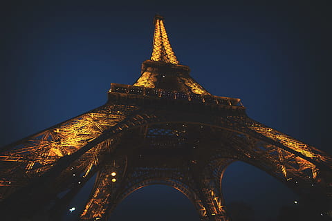 low, angle photography, eiffel tower, tower, night, architecture, light, tourism, tourist, structure, landmark, glow, looking up, paris, tall, eiffel, france, popular, sky, vertical, lightning, night sky, built structure, low angle view, travel destinations, no people, illuminated, building exterior, city, clear sky, nature, history, the past, tall - high, travel, building, outdoors, spire, 5K, CC0, public domain, royalty free
