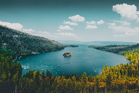 green-leafed trees, nature, outdoors, land, water, shoreline, sea, ocean, fir, tree, abies, plant, coast, conifer, emerald bay, united states, landscape, lake, promontory, outdoor, wallpaper, sky, cloud - sky, nautical vessel, scenics - nature, beauty in nature, tranquil scene, transportation, tranquility, day, mode of transportation, no people, high angle view, mountain, non-urban scene, 5K, CC0, public domain, royalty free
