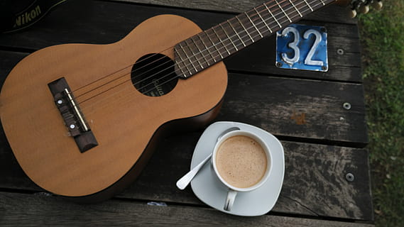 indonesia, string instrument, cup, music, musical instrument, mug, guitar, coffee cup, coffee, coffee - drink, wood - material, musical equipment, arts culture and entertainment, string, still life, food and drink, indoors, drink, table, no people, close-up, acoustic guitar, 4K, CC0, public domain, royalty free