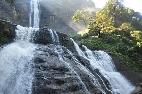 vandfald, panorama, baggrund, landskab, sommer, rejse, solrig, vand, flod, indonesien, geopark, vest Java, scenics - natur, skønhed i naturen, flydende vand, bevægelse, lang eksponering, træ, klippe, rock-objekt, plante, jord, Skov, sløret bevægelse, natur, solid, strøm, magt i naturen, rock formation, ingen mennesker, flyder, udendørs, faldende vand, regnskov, 4K, CC0, offentligt domæne, royaltyfrie