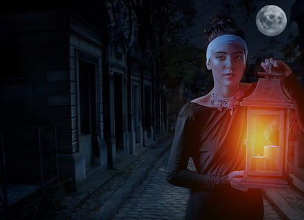 fantaisie, gothique, Goth, foncé, nuit, femelle, femme, fille, Jeune, beauté, modèle, lanterne, bougie, cimetière, lune, cryptes, rêver, mystère, mystérieux, composition, couverture de livre, photoshop, permanent, architecture, une personne, jeune adulte, vue de face, structure construite, Vrais gens, extérieur du bâtiment, modes de vie, religion, Vêtements, illuminé, trois quarts, bâtiment, regarder la caméra, la taille, en portant, 4K, CC0, domaine public, libre de droits