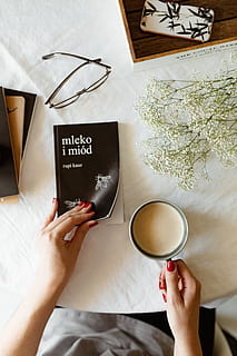 woman, read, book, drink coffee, coffee, hands, relaxing, reading, time, opened book, top view, cappucino, late, flat lay, human hand, human body part, hand, food and drink, indoors, holding, women, one person, adult, drink, cup, high angle view, mug, table, directly above, refreshment, coffee - drink, text, hot drink, preparation, nail, floral pattern, tea cup, 5K
