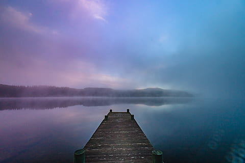 dock during daytime, water, waterfront, port, pier, dock, lake, bridge, boardwalk, building, fog, colours, loch, scotland, mist, jetty, blue, morning, outdoors, bird, animal, beauty in nature, scenics - nature, tranquility, sky, tranquil scene, direction, idyllic, reflection, nature, cloud - sky, the way forward, non-urban scene, wood - material, no people, purple, 5K, CC0, public domain, royalty free