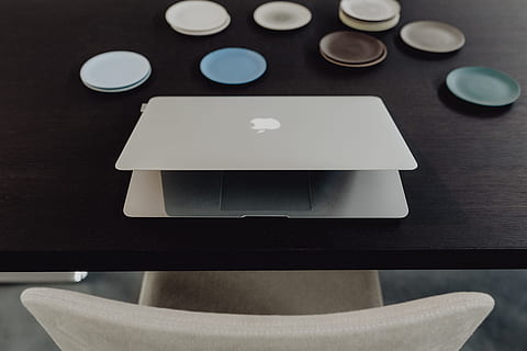 stylish, workspace, macbook computer, home, studio, tech, computer, macbook, technology, desk, laptop, working, indoors, table, no people, close-up, white color, business, simplicity, absence, paper, still life, studio shot, high angle view, wood - material, communication, arrangement, large group of objects, creativity, furniture, blank, black background, setting, 5K, CC0, public domain, royalty free
