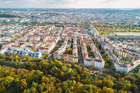 amazing, view, historic, city, prague., aerial, view., architecture, building exterior, built structure, tree, high angle view, cityscape, plant, building, nature, day, sky, no people, residential district, outdoors, cloud - sky, aerial view, townscape, 4K, CC0, public domain, royalty free