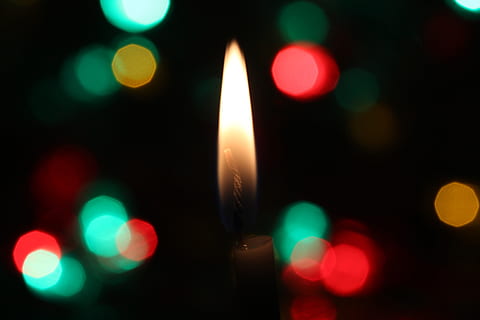 candle, light, fire, flame, dark, night, bokeh, illuminated, glowing, defocused, no people, multi colored, lighting equipment, close-up, light - natural phenomenon, burning, heat - temperature, focus on foreground, celebration, motion, lens flare, geometric shape, circle, red, abstract, black background, disco lights, 5K