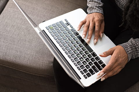 person, using, silver macbook, apple device, close-up, computer, electronic, hands, keyboard, laptop, macbook, technology, touchpad, wireless technology, human body part, communication, human hand, one person, using laptop, connection, computer equipment, hand, computer keyboard, adult, indoors, typing, furniture, table, computer key, surfing the net, 5K, CC0, public domain, royalty free