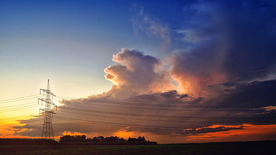 sunset, sky, clouds, strommast, dusk, mood, contrast, nature, afterglow, evening sky, abendstimmung, evening, thunderstorm, cumulus, electricity, fuel and power generation, electricity pylon, cable, cloud - sky, technology, power supply, power line, silhouette, connection, beauty in nature, no people, scenics - nature, outdoors, tranquility, orange color, low angle view, 5K, CC0, public domain, royalty free