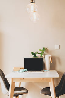 wall, light, bulb, work, desk, table, chairs, furniture, computer, laptop, business, study, plant, headset, mouse, office, potted plant, indoors, technology, lighting equipment, chair, seat, electric lamp, no people, wireless technology, connection, communication, nature, modern, houseplant, 5K, CC0, public domain, royalty free