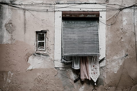 brown, concrete, building, wth, closed, window, washing, laundry, cable, facade, wall, weathered, old, shutter, architecture, built structure, building exterior, house, day, no people, abandoned, damaged, residential district, run-down, decline, deterioration, bad condition, wall - building feature, outdoors, obsolete, ruined, 5K, CC0, public domain, royalty free