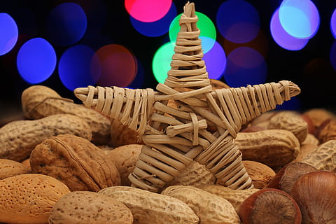 nuts, walnuts, hazelnuts, peanuts, almond, healthy, shell, eat, christmas time, tasty, fruit bowl, advent, brown, decoration, star, bokeh, night, no people, illuminated, celebration, close-up, focus on foreground, food, food and drink, indoors, large group of objects, wood - material, selective focus, table, lighting equipment, freshness, shape, event, art and craft, pattern, snack, 5K, CC0, public domain, royalty free
