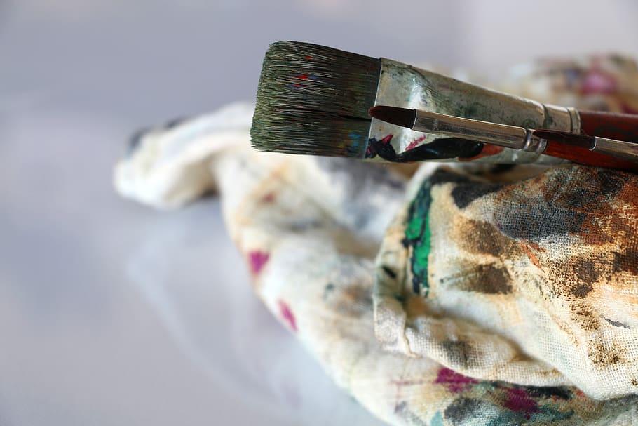 pennelli usati, uccello, animale, strumento, spazzola, stracci, spazzole, colori, pittore, esposizione, materiali artistici, artista, arte, capi di abbigliamento, abbigliamento, coperta, pesce, suolo, contenitore per vernici, spazzolino da denti, avvicinamento, concentrarsi sulle conoscenze acquisite, pennello, arte e artigianato, metallo, in casa, gioielli, giorno, messa a fuoco selettiva, nessuno, mestiere, dipingere, singolo oggetto, creatività, attrezzatura, natura morta, 5K