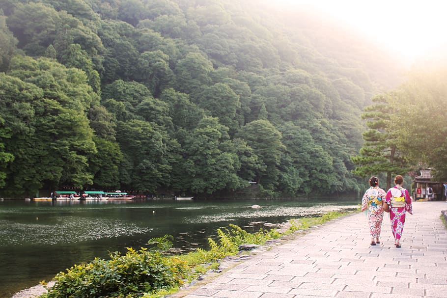 viatge, vacances, riu, arbre, asium, exòtic, viatjar, estiu, sol, harmonia, caminar, naturalesa, quimono, geisha, kyoto, Japó, planta, aigua, grup de persones, dones, dia, adult, persones reals, homes, gent, transport, unió, bellesa a la natura, vaixell nàutic, longitud completa, a l'aire lliure, color verd, 4K
