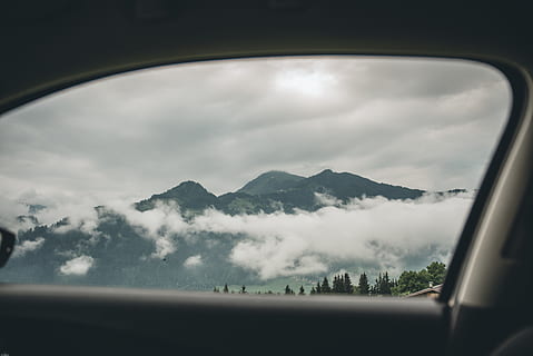 scenic, view, mountains, 4k wallpaper, background, clouds, cloudy, desktop background, environment, fog, wallpaper, haze, landscape, mist, mother nature, mountain range, nature, outdoors, scenery, sky, travel, cloud - sky, mountain, no people, tranquility, glass - material, scenics - nature, window, beauty in nature, mode of transportation, land, tranquil scene, reflection, day, 5K, CC0, public domain, royalty free