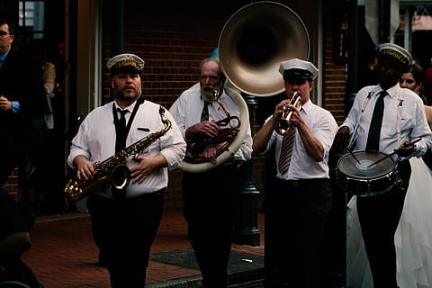 four, men, playing, musical, instruments, artists, band, daylight, group, male, marching band, music, musical instruments, musician, musicians, outfit, parade, people, performance, trumpeter, wear, musical instrument, artist, group of people, arts culture and entertainment, hat, real people, clothing, standing, musical equipment, skill, brass instrument, wind instrument, brass, trumpet, stage, uniform, nightlife, 5K, CC0, public domain, royalty free