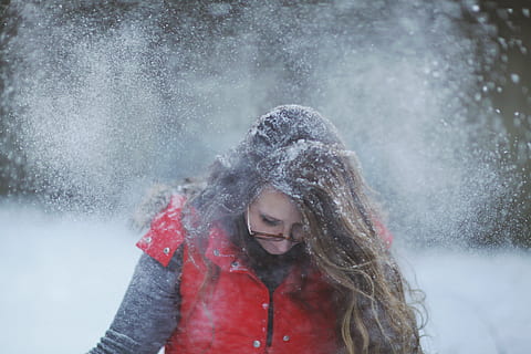 woman, red, vest, snow, head, blur, cold, daytime, eyewear, fashion, girl, person, snowing, wear, winter, one person, warm clothing, cold temperature, headshot, front view, portrait, clothing, smiling, brown hair, women, looking, looking down, happiness, hair, focus on foreground, beautiful woman, hairstyle, outdoors, hood - clothing, 5K, CC0, public domain, royalty free