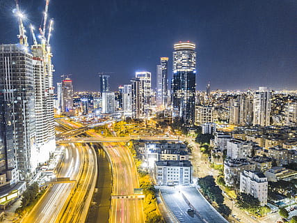 wallpaper, tel aviv, rush hour, light trails, sky scrapers, building exterior, city, architecture, built structure, night, transportation, office building exterior, skyscraper, building, illuminated, sky, road, cityscape, street, residential district, city life, modern, high angle view, nature, no people, outdoors, tall - high, multiple lane highway, 4K, CC0, public domain, royalty free