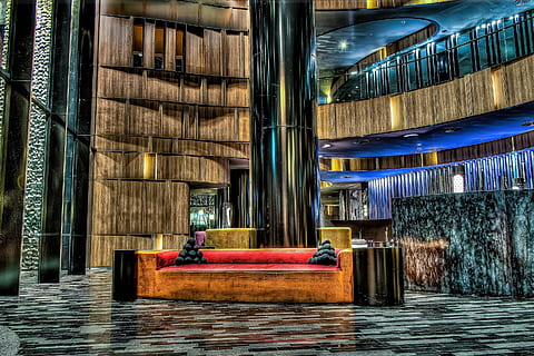 hotel entrance, various, hotel, hotels, architecture, built structure, building exterior, building, transportation, no people, day, illuminated, water, mode of transportation, outdoors, architectural column, nautical vessel, industry, waterfront, city, red, electric lamp, 2K, CC0, public domain, royalty free