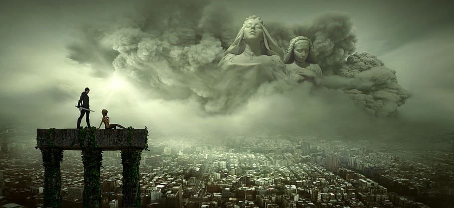 fantasia, apocalipsi, dramàtica, ciutat, la travesura, llum, fum, creure, espiritual, endavant, cel, humor, místic, màgia, trist, surrealista, estrany, composició, núvols, fotomuntatge, atmosfera, fantàstic, màgic, misteriós, silueta, femelles, dones, fum - estructura física, por, adult, naturalesa, boira, homes, gent, vestit, mascles, a l'aire lliure, arquitectura, unió, celebració, emoció, representació humana, compost digital, 5K