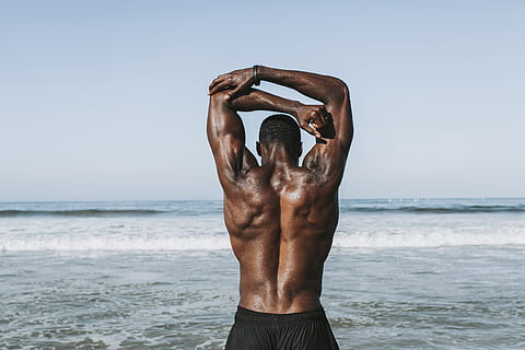 man, stretching, arms, front, ocean, athlete, back, backside, beach, biceps, body, fit, flexible, guy, healthy, male, muscles, muscular, person, posture, sea, seashore, shirtless, water, waves, wear, sky, one person, lifestyles, land, men, standing, muscular build, leisure activity, nature, day, rear view, horizon over water, horizon, human arm, arms raised, outdoors, masculinity, 4K, CC0, public domain, royalty free