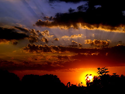 sunset, sun, orange, sky, cloud, cloudy, cloud - sky, beauty in nature, scenics - nature, orange color, silhouette, tranquil scene, tranquility, tree, dramatic sky, idyllic, no people, nature, plant, environment, awe, atmosphere, atmospheric mood, outdoors, dark, romantic sky, 4K, CC0, public domain, royalty free