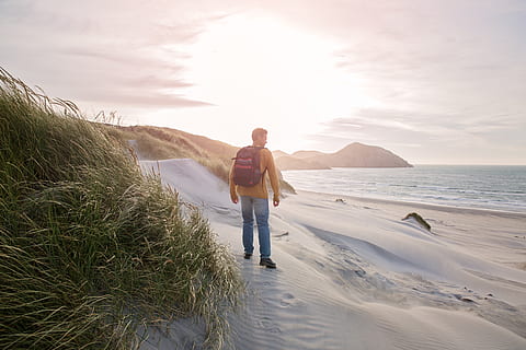 man, carrying, black, backpack, standing, seashore, beach, dawn, daylight, dunes, grass, landscape, ocean, person, sand, sea, seascape, sky, sun, sunrise, walking, water, waves, full length, one person, beauty in nature, land, nature, casual clothing, adult, leisure activity, tranquility, scenics - nature, cloud - sky, lifestyles, outdoors, 5K, CC0, public domain, royalty free