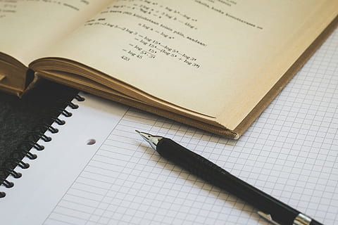 math, mathematics, assignment, work, homework, copy, notebook, pen, write, solve, solution, paper, book, education, publication, indoors, note pad, still life, no people, page, high angle view, spiral notebook, close-up, table, writing instrument, communication, handwriting, open, learning, document, fountain pen, small group of objects, blank, 1080P, CC0, public domain, royalty free