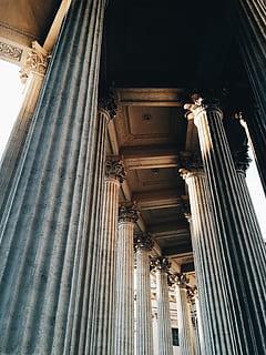 concrete building, architecture, building, columns, perspective, pillars, low angle view, built structure, architectural column, indoors, the past, history, religion, belief, spirituality, no people, place of worship, ceiling, day, courthouse, ornate, colonnade, 2K, CC0, public domain, royalty free