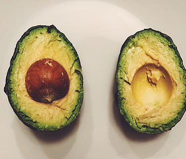 avocado, fruit, half, food and drink, food, freshness, still life, healthy eating, wellbeing, indoors, close-up, no people, cross section, slice, studio shot, green color, two objects, halved, ready-to-eat, seed, white background, temptation, 2K, CC0, public domain, royalty free