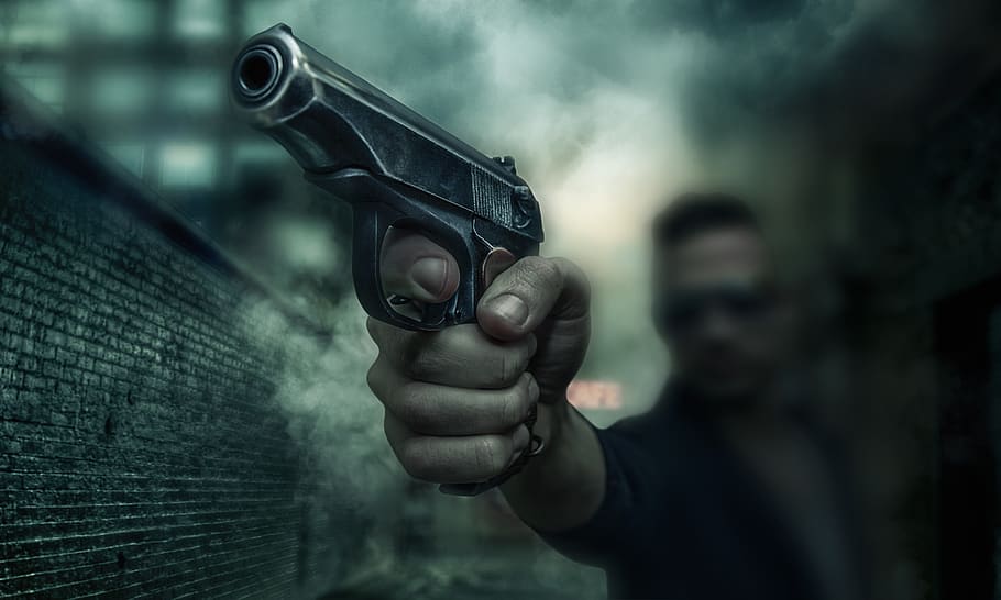 ofensa, perill, gent, home, pistola, arma, punteria, senyal d'advertència, crim, agressió, violència, signe, una persona, temes socials, adult, celebració, amenaces, comunicació, homes, retrat, mascles, disparar una arma, govern, ominós, 2K