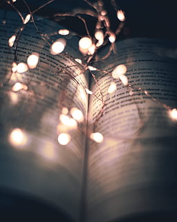 string lights, book, page, illuminated, lighting equipment, selective focus, no people, glowing, indoors, close-up, light, light - natural phenomenon, text, paper, electric light, publication, electricity, still life, night, western script, communication, lens flare, electric lamp, 4K, CC0, public domain, royalty free