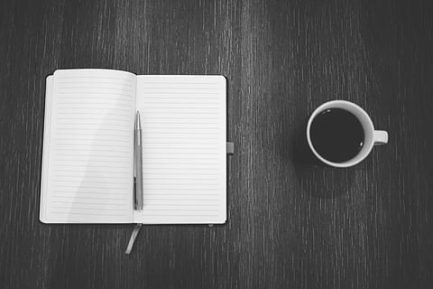 notebook, notepad, pen, journal, writing, coffee, business, desk, office, black and white, table, cup, drink, book, mug, publication, directly above, coffee - drink, coffee cup, food and drink, wood - material, refreshment, indoors, still life, no people, high angle view, note pad, blank, education, crockery, 5K, CC0, public domain, royalty free