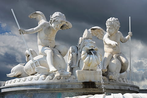 sky, clouds, fountain, weather, forward, dramatic, storm, sunlight, sculpture, stone, art, mystical, thundercloud, atmospheric, threatening, drama, angel, vienna, statue, water, stone figure, parliament, dolphins, trident, antiquity, art and craft, representation, human representation, creativity, low angle view, male likeness, no people, architecture, white color, nature, built structure, craft, day, cloud - sky, history, female likeness, outdoors, 4K, CC0, public domain, royalty free
