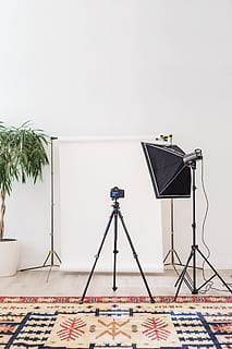 photography studio photo, Products, Camera, absence, no people, photography themes, technology, tripod, lighting equipment, photographic equipment, camera - photographic equipment, indoors, communication, copy space, empty, wall - building feature, studio, digital camera, day, nature, arts culture and entertainment, clear sky, behind the scenes, photo shoot, electric lamp, 4K, CC0, public domain, royalty free