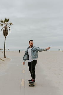people, man, guy, alone, play, skateboard, sport, outside, street, road, tree, blur, one person, full length, lifestyles, casual clothing, real people, leisure activity, young adult, young men, front view, land, standing, day, nature, sky, water, beach, cloud - sky, outdoors, 5K, CC0, public domain, royalty free