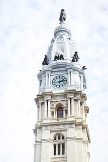 architecture, tower, building, clock tower, clock, philadelphia, analog clock, bell tower, wheel, machine, tire, car wheel, wall clock, dome, downtown, urban, city, town, spoke, parliament, building exterior, low angle view, built structure, sky, cloud - sky, time, religion, nature, no people, day, place of worship, spirituality, travel destinations, belief, 4K, CC0, public domain, royalty free