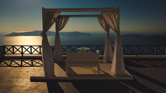 beige canopy, water, sky, sea, scenics - nature, seat, chair, nature, tranquil scene, beauty in nature, no people, railing, tranquility, absence, sunset, empty, table, mountain, idyllic, sunlight, outdoors, horizon over water, swimming pool, 5K, CC0, public domain, royalty free