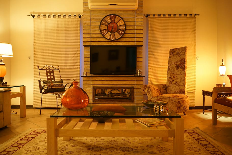 home, lounge, lighting equipment, indoors, illuminated, clock, home interior, no people, table, seat, time, architecture, domestic room, electric lamp, absence, fireplace, furniture, wall - building feature, living room, built structure, chair, light, luxury, 5K